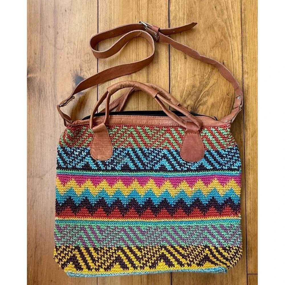 Bamboo Trading Co. Boho Weekender Bag Handmade Guatemala Handwoven Leather Strap
